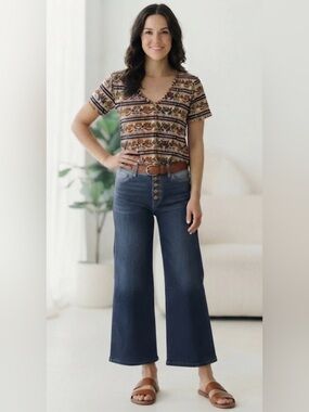Andthewhy PRINT JACQUARD TOP V Neck Striped Top